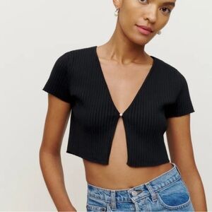 Reformation Anny Cotton Short Sleeve Cardigan Black |  XS